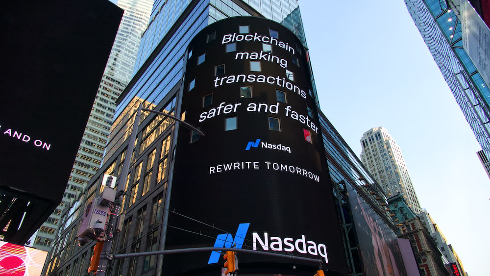 An advertisement of Blockchain technology in Times Square