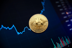a bitcoin with the backdrop of a bitcoin trading data chart 