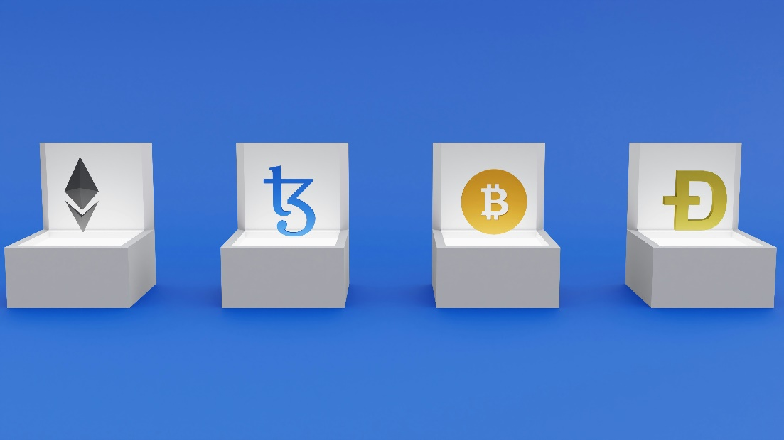 Ethereum, Tezos, Bitcoin, and Dogecoin.