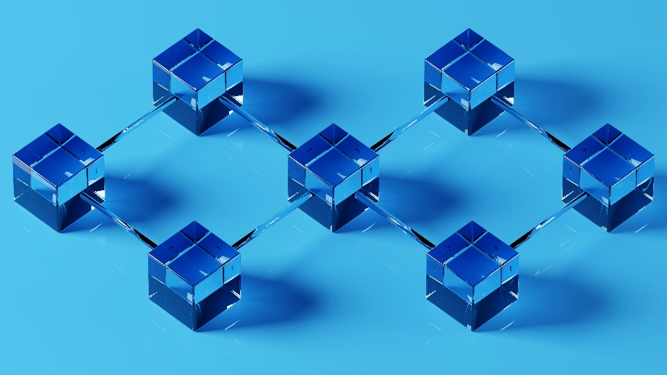 A 3D-rendered image of a blockchain network with interconnected blue cubes, representing data blocks.