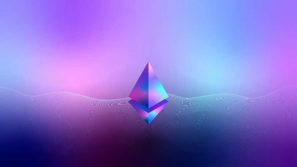 A 3D-rendered Ethereum logo.