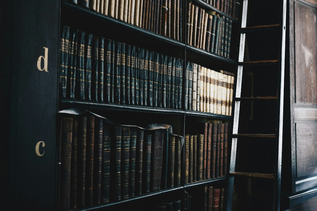 A traditional library bookshelf filled with old, leather-bound books