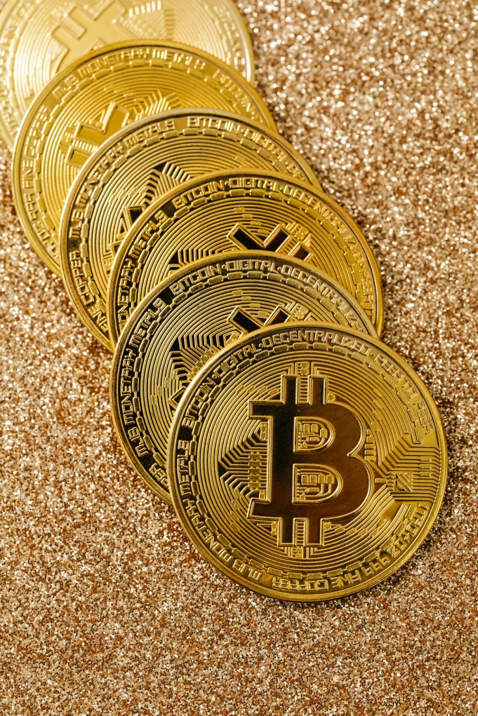 Close-up shot of physical Bitcoin coins.