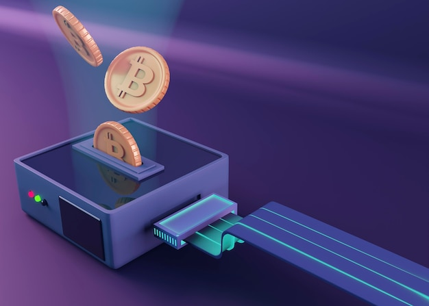 3D-rendered illustration of Bitcoin coins being inserted into a digital device