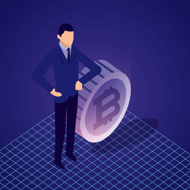Isometric illustration of a businessman in a suit standing confidently next to a large Bitcoin coin on a digital grid background.