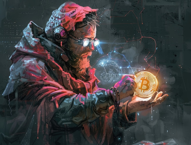 Illustration of a crypto trader surrounded by charts and degen culture symbolis