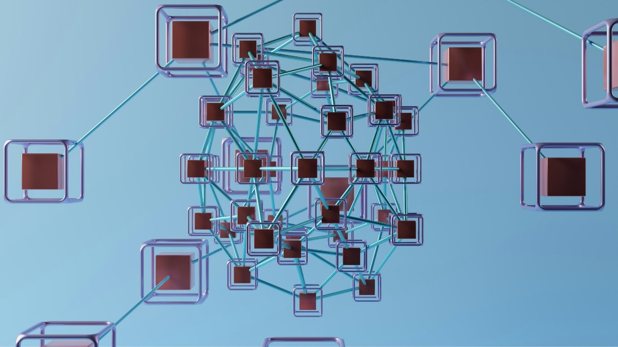 An abstract digital illustration showing a complex network of interconnected nodes and lines.