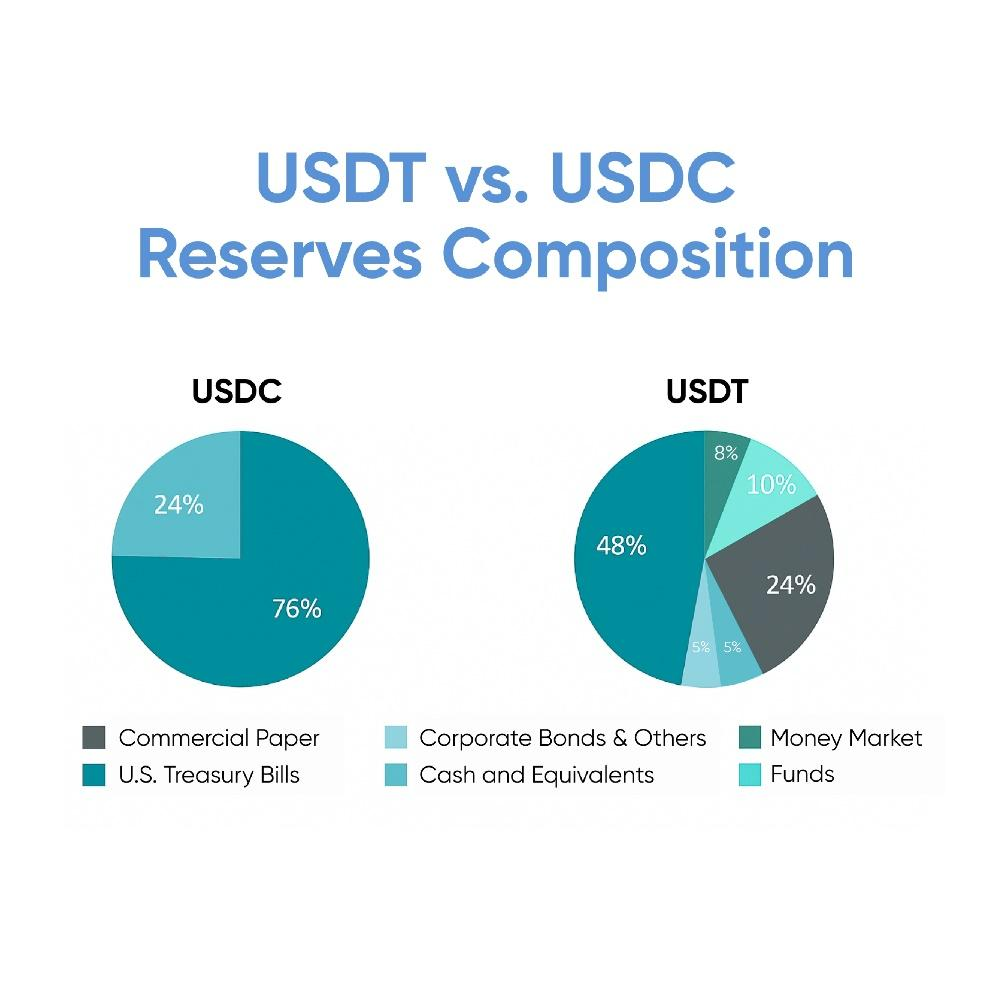 Two pie charts comparing the reserve compositions of USDC and USDT.
