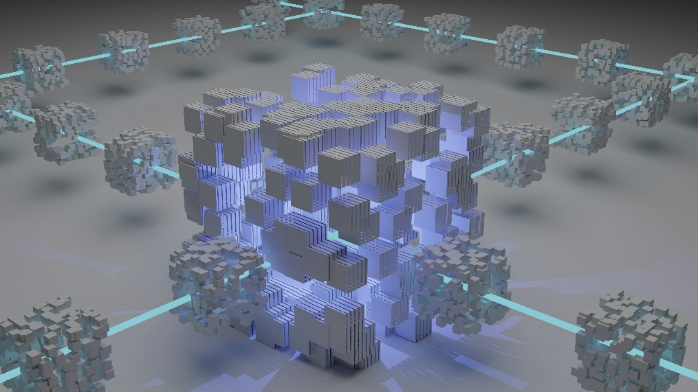 3D cube network representing a central node with multiple blockchain connections