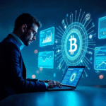 Business professional analyzing Bitcoin investment data on a digital dashboard
