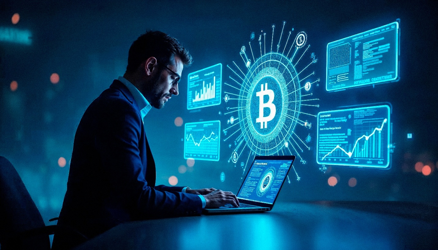 Business professional analyzing Bitcoin investment data on a digital dashboard