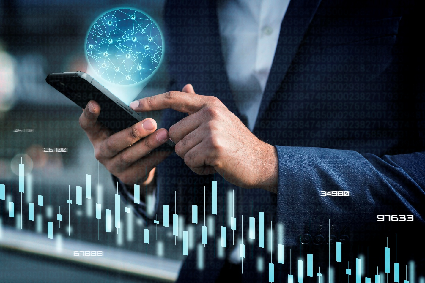 Businessman using mobile app for tokenized asset management and market rebalancing