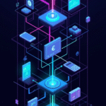 3D illustration of a blockchain-based system for tokenized invoice financing, showing digital euro symbols and financial data flows