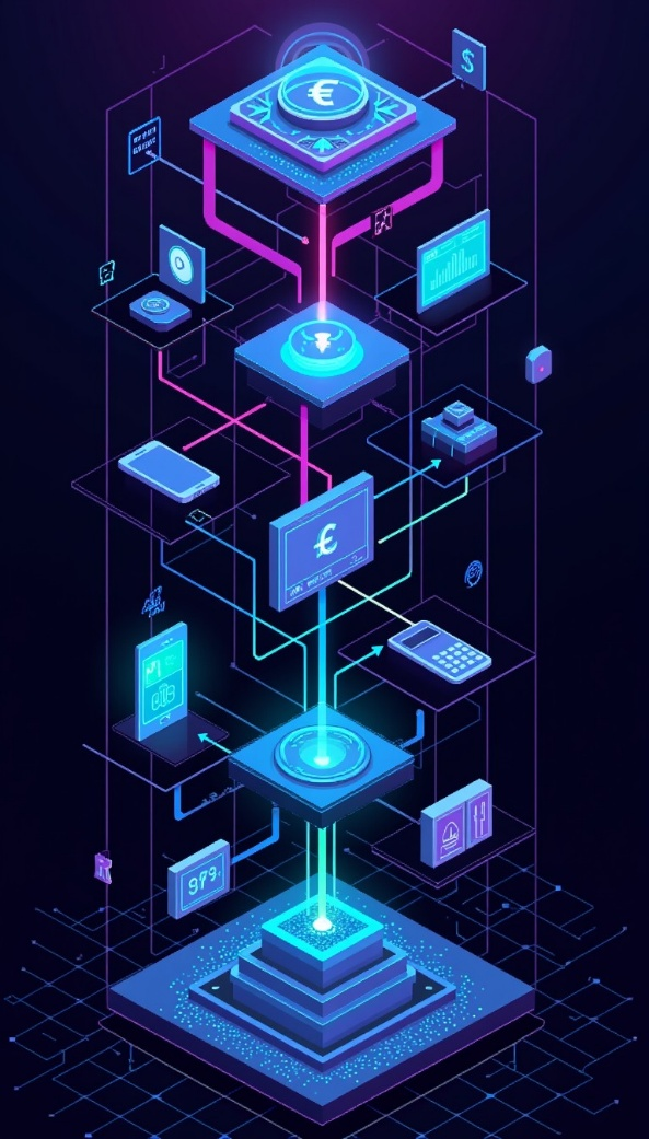 3D illustration of a blockchain-based system for tokenized invoice financing, showing digital euro symbols and financial data flows
