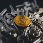 Bitcoin coin surrounded by metal keys symbolizing multi-signature crypto wallet protection