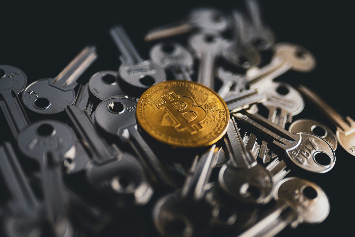 Bitcoin coin surrounded by metal keys symbolizing multi-signature crypto wallet protection