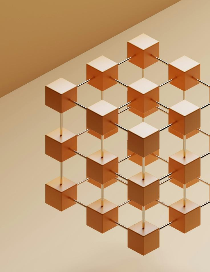 Interconnected orange cubes forming a grid-like structure, representing a decentralized network.