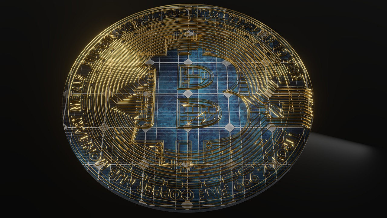 Cryptocurrency coins with blockchain network graphics symbolizing digital asset technology.