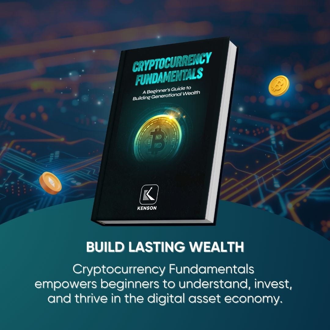 3D cryptocurrency investment eBook cover design with gold and navy gradient and blockchain elements.