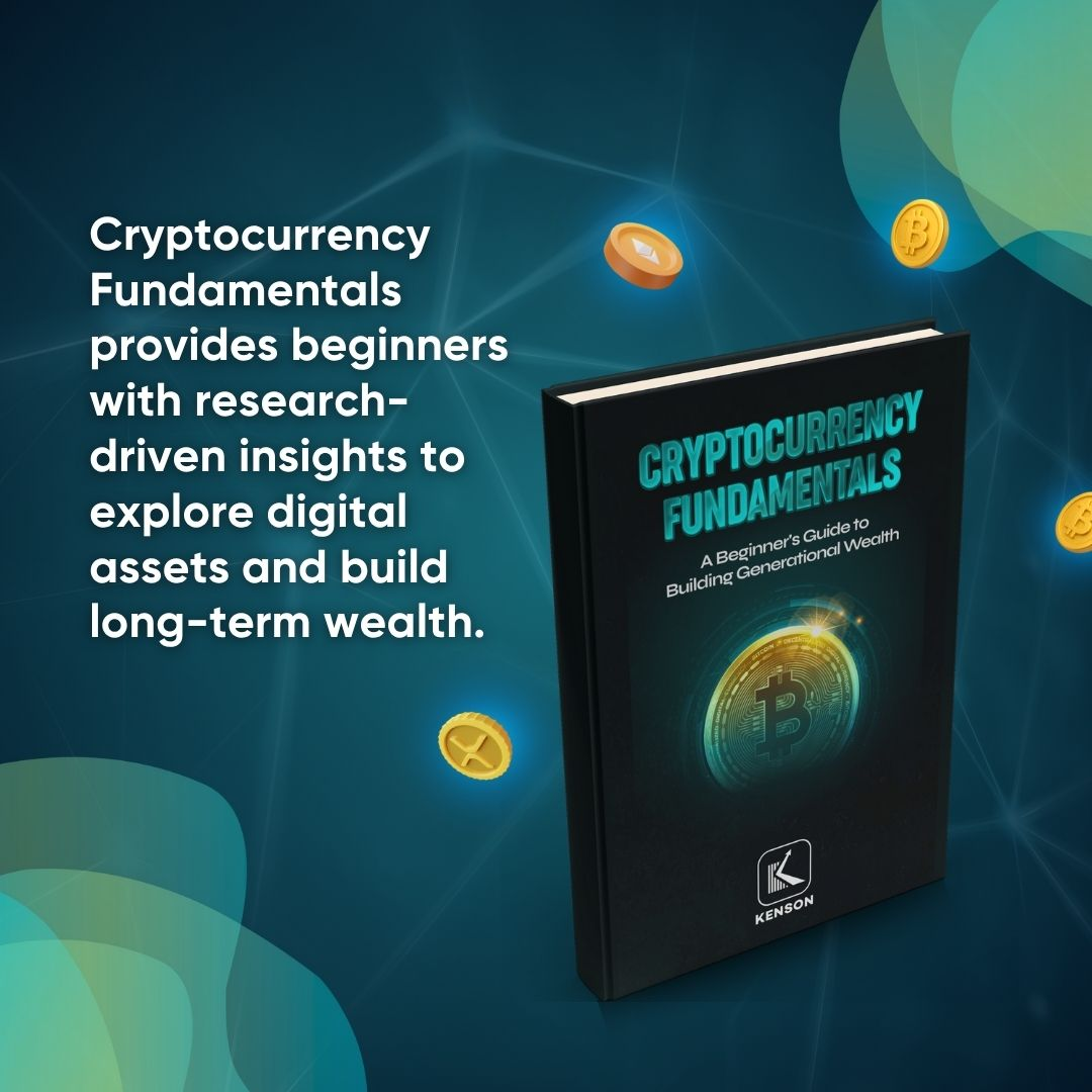 3D hardcover eBook titled “Cryptocurrency Fundamentals: A Beginner's Guide to Building Generational Wealth” with crypto icons