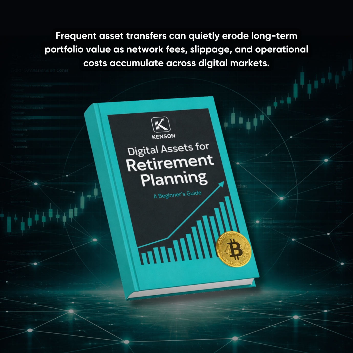 Digital Assets for Retirement Planning with a Bitcoin symbol and rising chart.