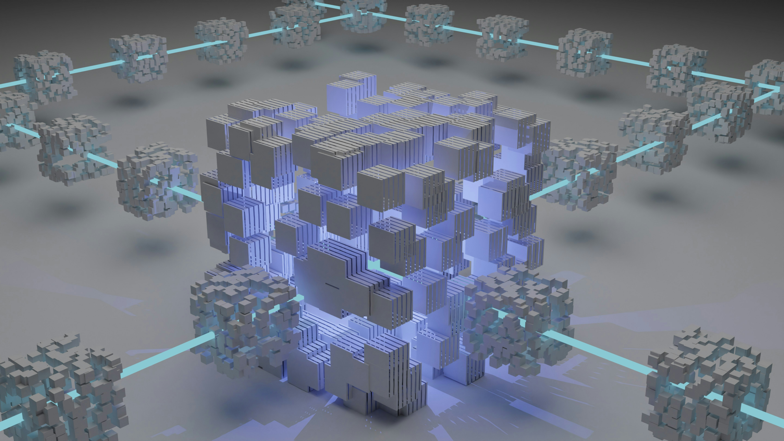 Interconnected blockchain nodes validating transactions around a central distributed ledger structure.