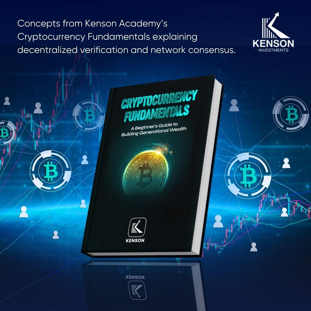 Cover of the book Cryptocurrency Fundamentals by Kenson Academy featuring a glowing Bitcoin symbol and a guide to understanding blockchain transaction verification.
