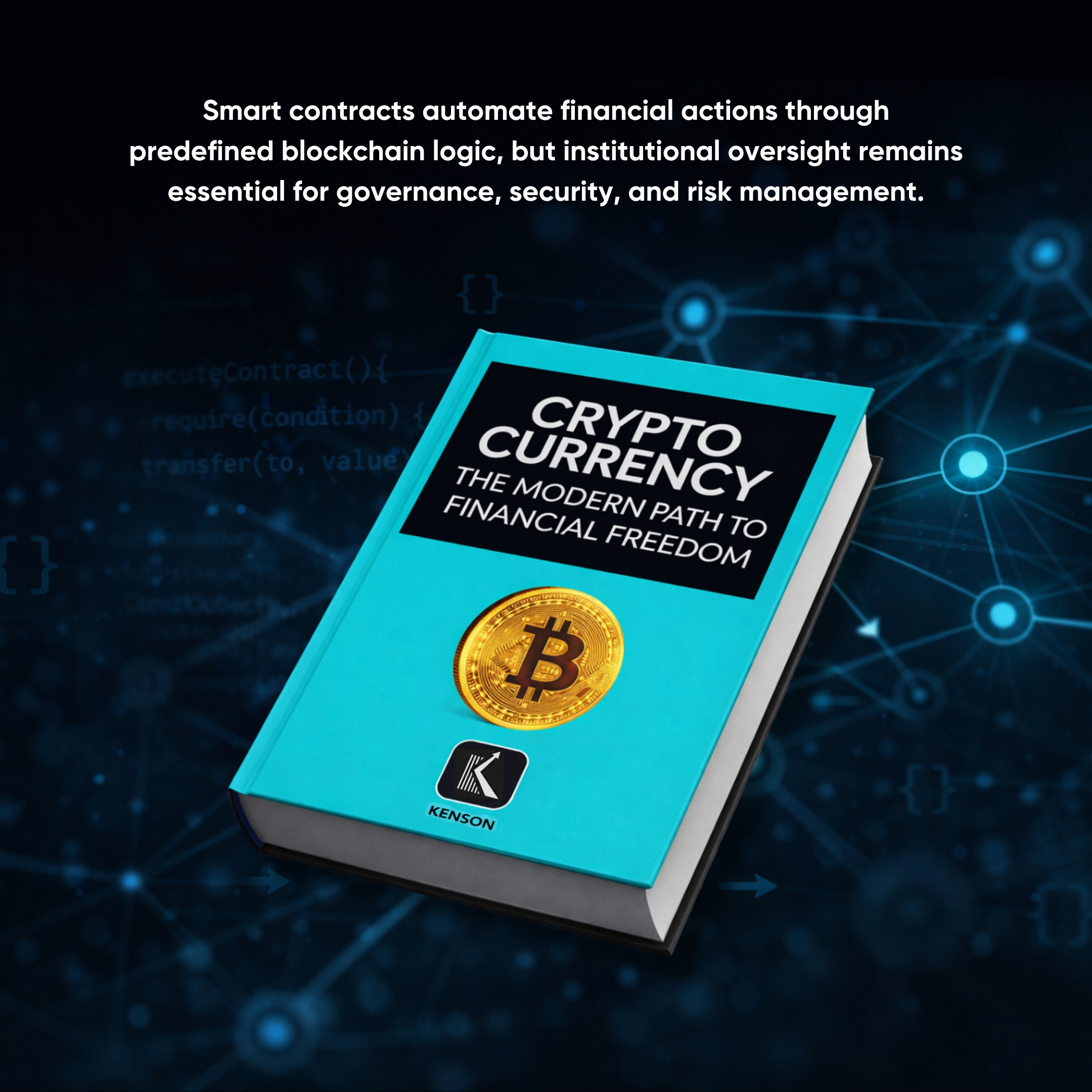 Cryptocurrency: The Modern Path to Financial Freedom, placed over a blockchain network background representing smart contract automation in digital financial systems.